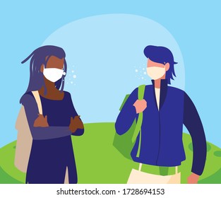 Men avatars with masks outside design of Covid 19 virus theme Vector illustration