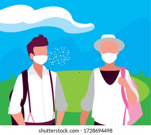 Men avatars with masks outside design of Covid 19 virus theme Vector illustration