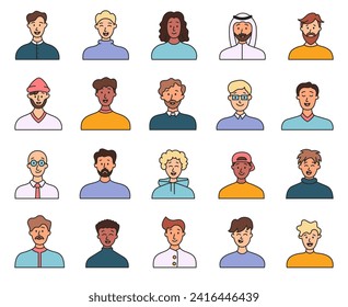 Men avatars. Portrait of casual male with different hairstyles and outfits. User profiles. Hand drawn style. Vector drawing. Collection of design elements.