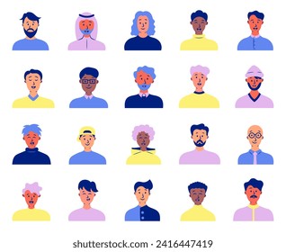 Men avatars. Portrait of casual male with different hairstyles and outfits. User profiles. Hand drawn style. Vector drawing. Collection of design elements.