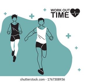 Männer Avatare laufen und arbeiten Zeit-Design, Sporttraining und Fitness-Thema Vektorgrafik