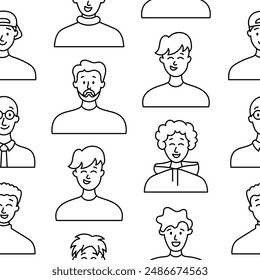Men avatars. Seamless pattern. Coloring Page. Portrait of casual male with different hairstyles and outfits. User profiles. Hand drawn style. Vector drawing. Design ornaments.