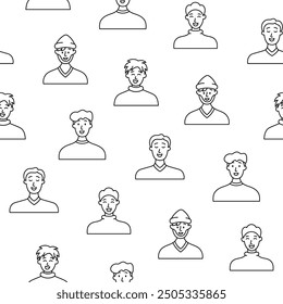 Men avatars. Seamless pattern. Coloring Page. Portrait of casual male with different hairstyles and outfits. User profiles. Hand drawn style. Vector drawing. Design ornaments.