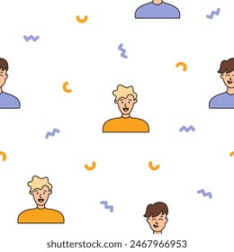 Men avatars. Seamless pattern. Portrait of casual male with different hairstyles and outfits. User profiles. Hand drawn style. Vector drawing. Design ornaments.