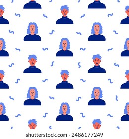 Men avatars. Seamless pattern. Portrait of casual male with different hairstyles and outfits. User profiles. Hand drawn style. Vector drawing. Design ornaments.