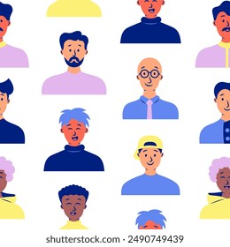 Men avatars. Seamless pattern. Portrait of casual male with different hairstyles and outfits. User profiles. Hand drawn style. Vector drawing. Design ornaments.