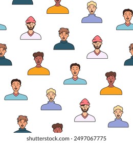 Men avatars. Seamless pattern. Portrait of casual male with different hairstyles and outfits. User profiles. Hand drawn style. Vector drawing. Design ornaments.
