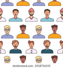 Men avatars. Seamless pattern. Portrait of casual male with different hairstyles and outfits. User profiles. Hand drawn style. Vector drawing. Design ornaments.