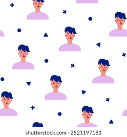 Men avatars. Seamless pattern. Portrait of casual male with different hairstyles and outfits. User profiles. Hand drawn style. Vector drawing. Design ornaments.