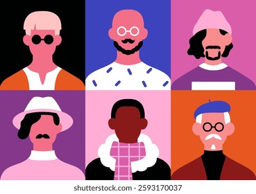 Men avatars set. Diverse creative male characters, faces, head portraits with different hairstyle, hat, beanie, mustache, sunglasses, fashion accessories. Modern style people. Flat vector illustration