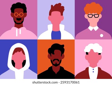 Men avatars set, grid. Diverse faceless male characters, head portraits, faces. Modern guys, creative unique user profiles group. Different young people in glasses, hood. Flat vector illustration