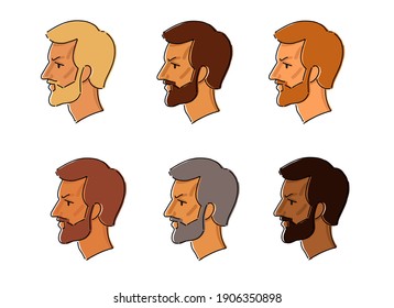 Men avatars with stylish hairstyle and beard. vector icons. Profile portraits of handsome men. brunette and blonde. Different nationalities. Cartoon style