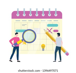 Hombres vista trasera que sostiene la lupa y el lápiz, personas que se colocan cerca de la lista del cuaderno decorada por la estrella, la cruz y las líneas, la bombilla, los obreros y el Vector de papel