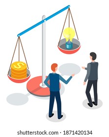 Men, back view, standing near huge conceptual scales, one bowl with dollar coins and the second bowl with symbolic light bulb. Weighing, comparison, decision making. Hesitating, insecurity. Flat image