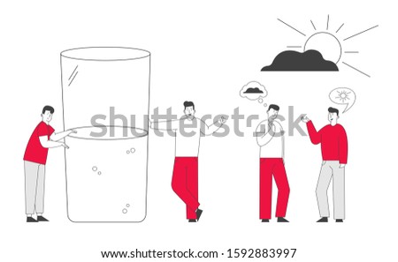 Men with Bad and Good Thoughts in Head Stand at Huge Half Full or Empty Glass with Water. Positive and Negative Thinking Pessimist and Optimist People Concept. Flat Vector Illustration Line Art