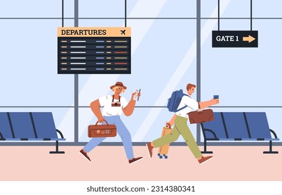 Men with bag, photo camera and ticket are in a hurry and run to board the airplane. Travel by plane concept. Vector illustration of disproportionate line art characters at the airport