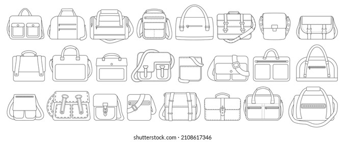 Men Bag Vector Outline Set Icon. Isolated Outline Set Icon Leather Satchel. Vector Illustration Men Bag On White Background.