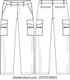 Men baggy pant with patch pockets and zipper, two slash pockets on side, fly button closure, belt loops, sketch front and back, vectors