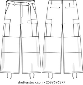 Men Baggy relaxed wide-leg pant with belts and cargo pockets, panelled knee, adjustable drawstring hem, front slant pockets, back welt pockets, back darts, sketch front and back, vectors