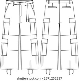 Men Baggy relaxed wide-leg pant with belts and double cargo pockets, panelled knee, adjustable drawstring hem, front slant pockets, back welt pockets, back darts, sketch front and back, vectors