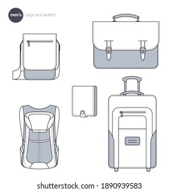 Men bags and wallets. Clothes icons, thin line style. Retail online store catalog sections signs and objects. Vector collection.