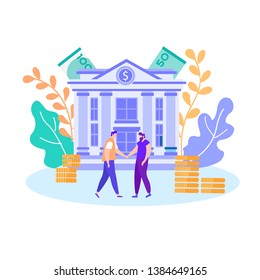 Men Bankers Partners Businesspeople Handshaking Making Profitable Business Deal Getting Purchase and Payment Commercial Offer Vector Flat Illustration with Cash Money Golden Coins Floral Design