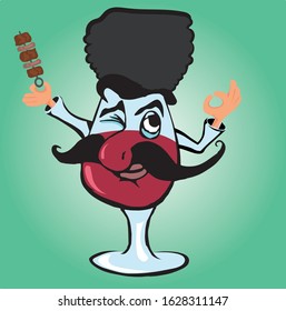Men with a barbecue.Georgian cuisine. Georgian character glass of wine man with a barbecue. Georgian man with a barbecue. Glass of wine man