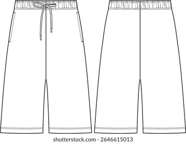 Men basic bermuda short very long inseam, elasticized waistband, drawcord at waist, front pockets, front and back vector, activewear men's clothing