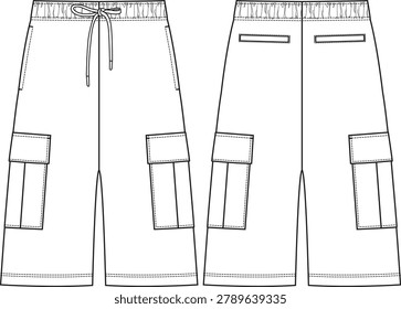 Men basic bermuda short very long inseam with cargo patch pockets with flaps at sides, elasticized waistband, drawcord at waist, front pockets, back welt pockets, front and back vector, activewear men's clothing