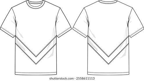 Men basic crew neck, straight hem, loose fit, boxy fit, short sleeve, V panel, sketch front and back