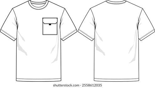 Men basic crew neck, straight hem, loose fit, boxy fit, short sleeve, chest pocket with flap and puller, sketch front and back