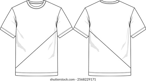 Men basic crew neck, straight hem, loose fit, short sleeve, slanted cut and sew, sketch front and back