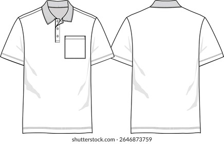 Men Basic polo shirt with collar and chest pocket, button placket, short sleeve with regular hem, polo collar,  front and back sketch