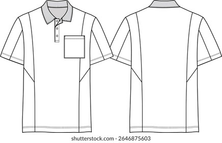 Men Basic polo shirt with collar and chest pocket, shoulder insert and body inserts, button placket, short sleeve with regular hem, polo collar,  front and back sketch