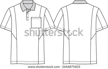 Men Basic polo shirt with collar and chest pocket, shoulder insert and body inserts, button placket, short sleeve with regular hem, polo collar,  front and back sketch