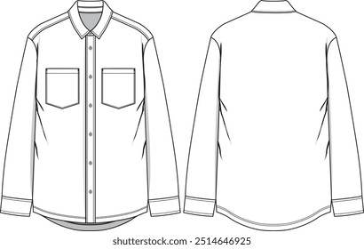 Men basic shirt long sleeve with chest pockets, buttoned placket, collar, sleeve cuffs and rounded hem, front and back view