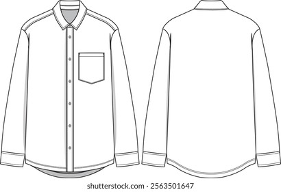 Men basic shirt long sleeve with wearer left chest pocket, buttoned placket, collar, sleeve cuffs and rounded hem, front and back view