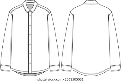 Men basic shirt long sleeve with buttoned placket, collar, sleeve cuffs and rounded hem, front and back view