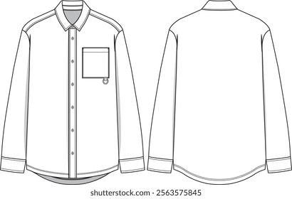 Men basic shirt long sleeve with wearer left chest pocket with d-ring, buttoned placket, collar, sleeve cuffs and rounded hem, front and back view