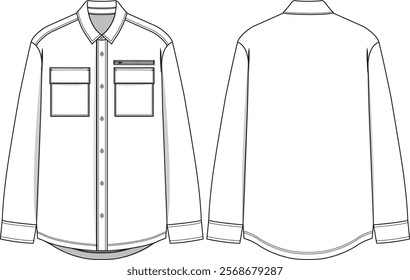 Men basic shirt long sleeve with chest pockets, zip pocket on chest wearer left side, buttoned placket, collar, sleeve cuffs and rounded hem, front and back view