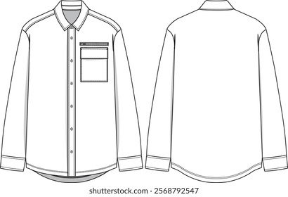 Men basic shirt long sleeve with wearer left chest pocket and zipper, buttoned placket, collar, sleeve cuffs and rounded hem, front and back view