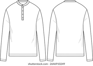 Men Basic slim fit polo shirt with round collar, long button placket, long sleeve and straight regular hem, front and back sketch, vectors