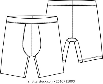 Men Basic underwear active boxer brief long length with waistband and gusset, flat sketch vector illustration fashion design