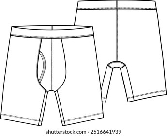 Hombres ropa interior Básica brief boxer activo de largo con cintura y fuelle y apertura de la mosca, boceto plano diseño de moda de Ilustración vectorial