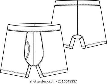 Hombres ropa interior Básica brief boxeador activo longitud corta con cintura y fuelle y apertura de la mosca, boceto plano diseño de moda de Ilustración vectorial