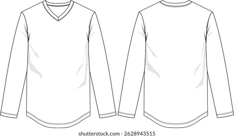 Men basic v-neck, curved hem, loose fit, long sleeve, sketch front and back, vectors