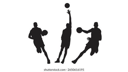 Men basketball players silhouettes dribbling and jumping