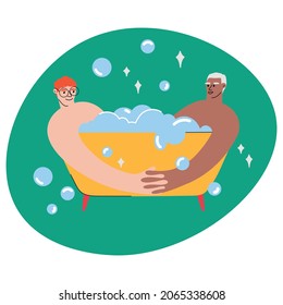 Men in a bath on green background. LGBTQ concept. Vector illustration.