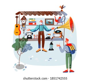 Men at bazaar fair or flea market. Man selling music instruments, phones, guitar, guy looking. Old and used assortment of technology for sale vector illustration. Shop or store in street outdoor.