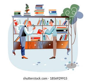 Men at bazaar fair or flea market. Man selling books, guy looking and buying. Old and used assortment for sale vector illustration. Shop or store in street outdoor, retail trade.